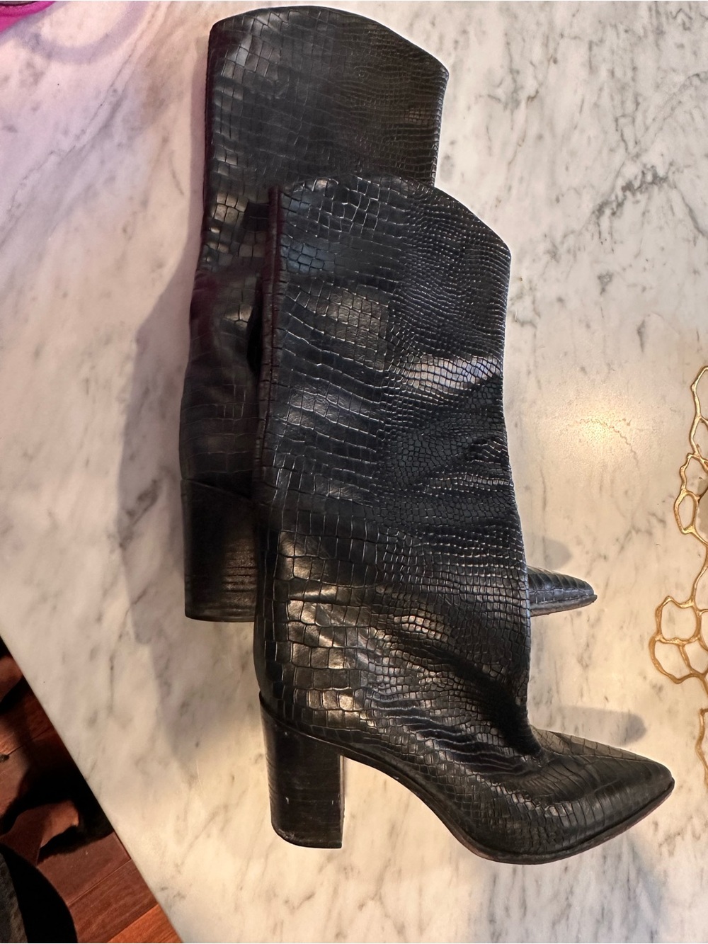 Shutz Black Croc-Embossed Mid-Calf Heeled Boots - Picture 5 of 6